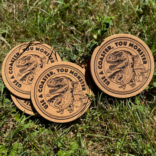 "USE A COASTER" Dino Round Thick Cork Set of 4